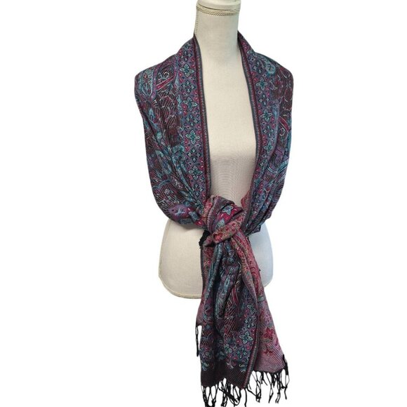 Wrap Shawl Frings Boho Wide‎ Scarf Accessory Blue Purple Paisley Tribal - Picture 10 of 10
